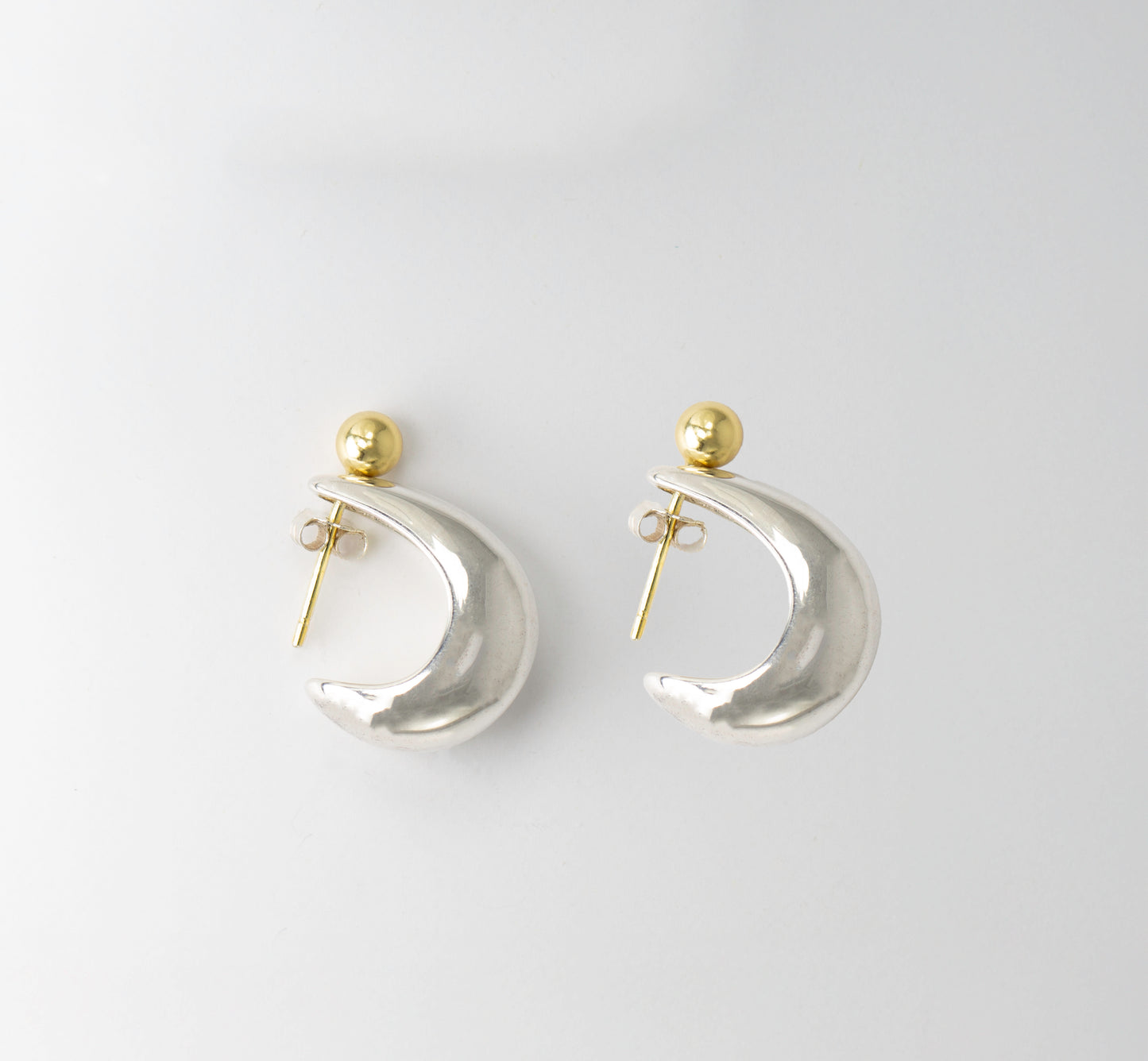 Crescent shaped solid sterling silver and 14k gold vermeil earrings